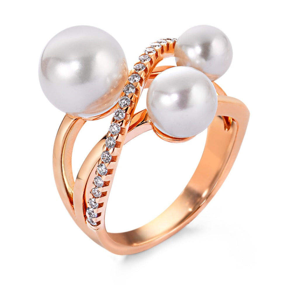 Ring 18k Red Gold Diamond 0.18 ct, 27 Stones, w-si Freshwater pearl White, 3 Pearls 5.5-9 mm