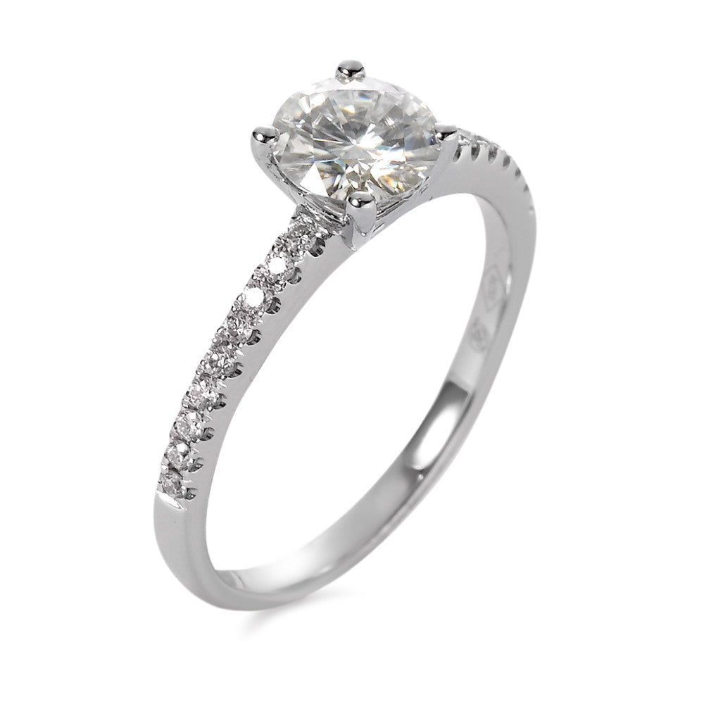 Ring 18k White Gold Moissanite 6 mm, Diamond 0.158 ct, 18 Stones, brilliant