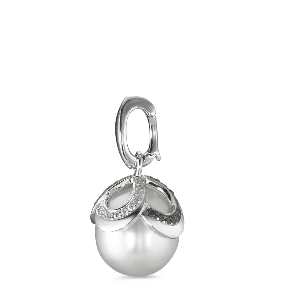 Pendentif Or blanc 18K Diamant noir, 0.28 ct, 46 Pierres, brillant, tw-vsi perle d'eau douce blanc, 12 mm Ø14 mm