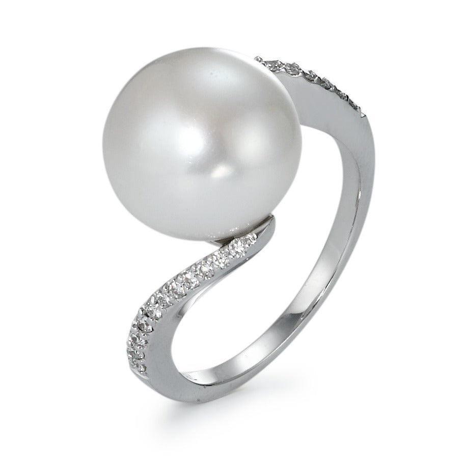 Ring 18k White Gold Diamond 0.16 ct, 22 Stones, w-si Freshwater pearl, 22 Pearls, 11 mm