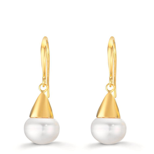 Drop Earrings Silver Yellow Gold plated Freshwater pearl, 2 Pearls, 9 mm