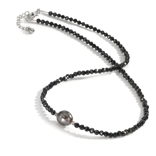 Collier Edelstahl Spinell schwarz, 3 mm Tahitiperlen, 9.5 mm 43-47 cm verstellbar