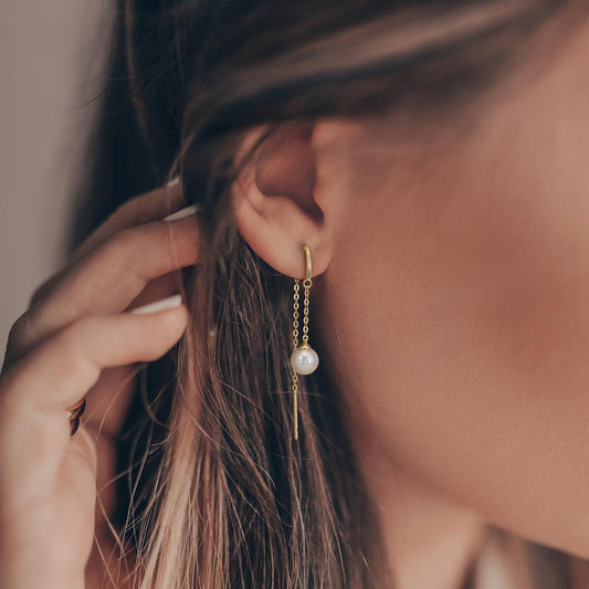 Threader Earrings 9k Yellow Gold Freshwater pearl, 2 Pearls 5-5.5 mm