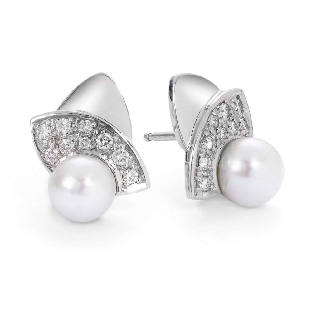 Clous d'oreilles Or blanc 18K Diamant 0.30 ct, 18 Pierres, w-si perle d'eau douce blanc