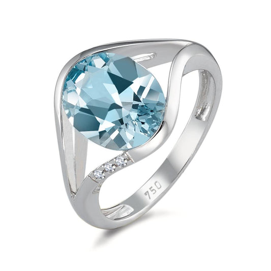 Fingerring 750/18 K Weissgold Topas blau, Diamant 0.015 ct, 3 Steine, Brillantschliff, w-si