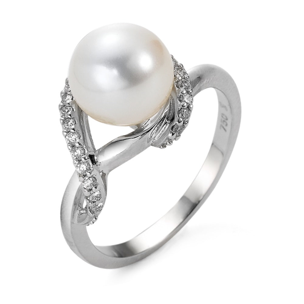 Bague Or blanc 18K Diamant 0.20 ct, 23 Pierres, w-si perle d'eau douce blanc, 9 mm