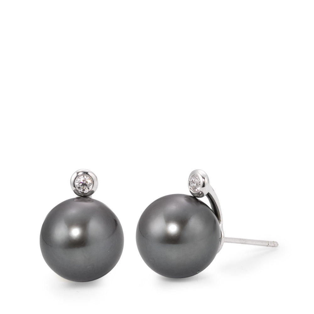 Pendientes 750/oro blanco de 18 quilates Diamante 0.09 ct, 2 piedras, w-si Perla de Tahití Gris, 2 Perlas, 12 mm