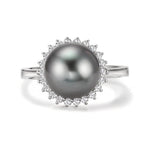 Bague Or blanc 18K Diamant 0.27 ct, 22 Pierres, w-si perle de Tahiti gris, 10 mm