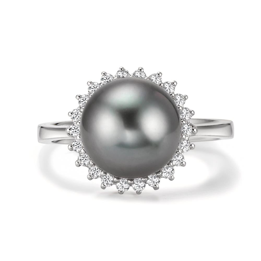 Fingerring 750/18 K Weissgold Diamant 0.27 ct, 22 Steine, w-si Tahitiperle grau, 10 mm