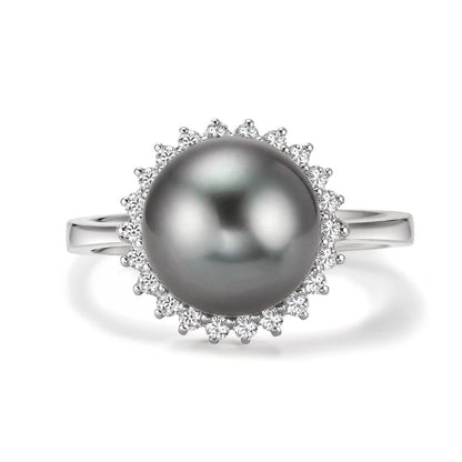 Fingerring 750/18 K Weissgold Diamant 0.27 ct, 22 Steine, w-si Tahitiperle grau, 10 mm