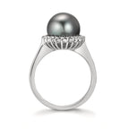 Bague Or blanc 18K Diamant 0.27 ct, 22 Pierres, w-si perle de Tahiti gris, 10 mm