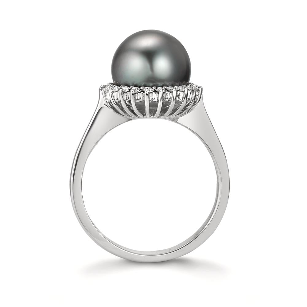 Fingerring 750/18 K Weissgold Diamant 0.27 ct, 22 Steine, w-si Tahitiperle grau, 10 mm