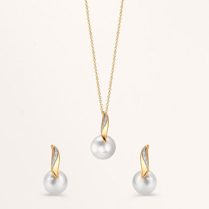 Halsband med hänge 750/18 K gult guld, 750/18 K vitguld diamant vit, 0.01 ct, 2 stenar, [Brillant], w-si Sötvattensodlad pärla vit, 10 mm 40-42 cm