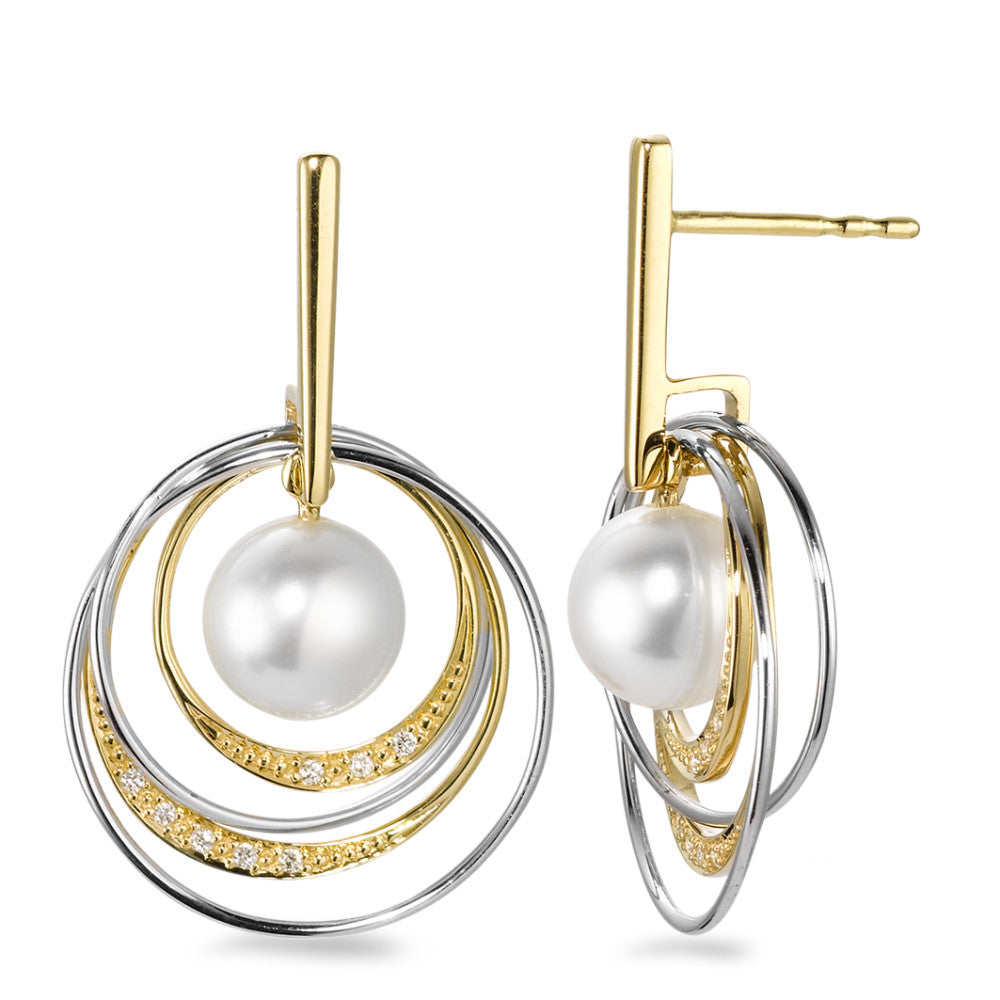 Pendientes 750/oro amarillo de 18 quilates, 750/oro blanco de 18 quilates Diamante blanco, 0.05 ct, 16 piedras, [Brillant], w-si Perla cultivada de agua dulce, 7.5 mm