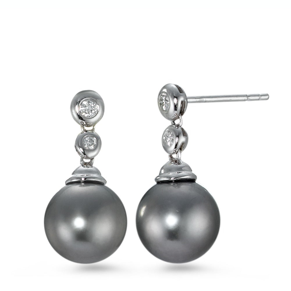 Drop Earrings 18k White Gold Diamond 0.09 ct, 4 Stones, w-si Tahitian pearl Gray, 2 Pearls, 10 mm