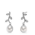 Pendant d'oreilles Argent Zircone 6 Pierres Rhodié perle d'eau douce, 8.5 mm