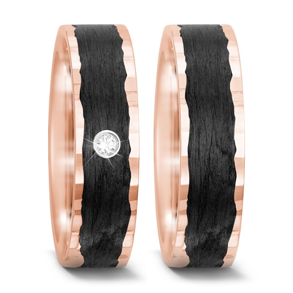Anillo de pareja oro rosa de 585/14 kt, Carbón Diamante 0.02 ct, tw-si