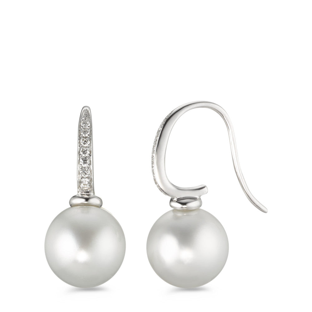 Pendientes 750/oro blanco de 18 quilates Diamante 0.14 ct, 14 piedras, w-si Perla de Tahití blanco, 2 Perlas, 10 mm