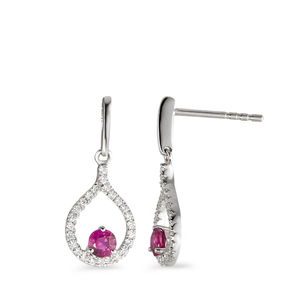 Drop Earrings 18k White Gold Ruby Red, 2 Stones, Diamond 0.18 ct, 50 Stones, w-si