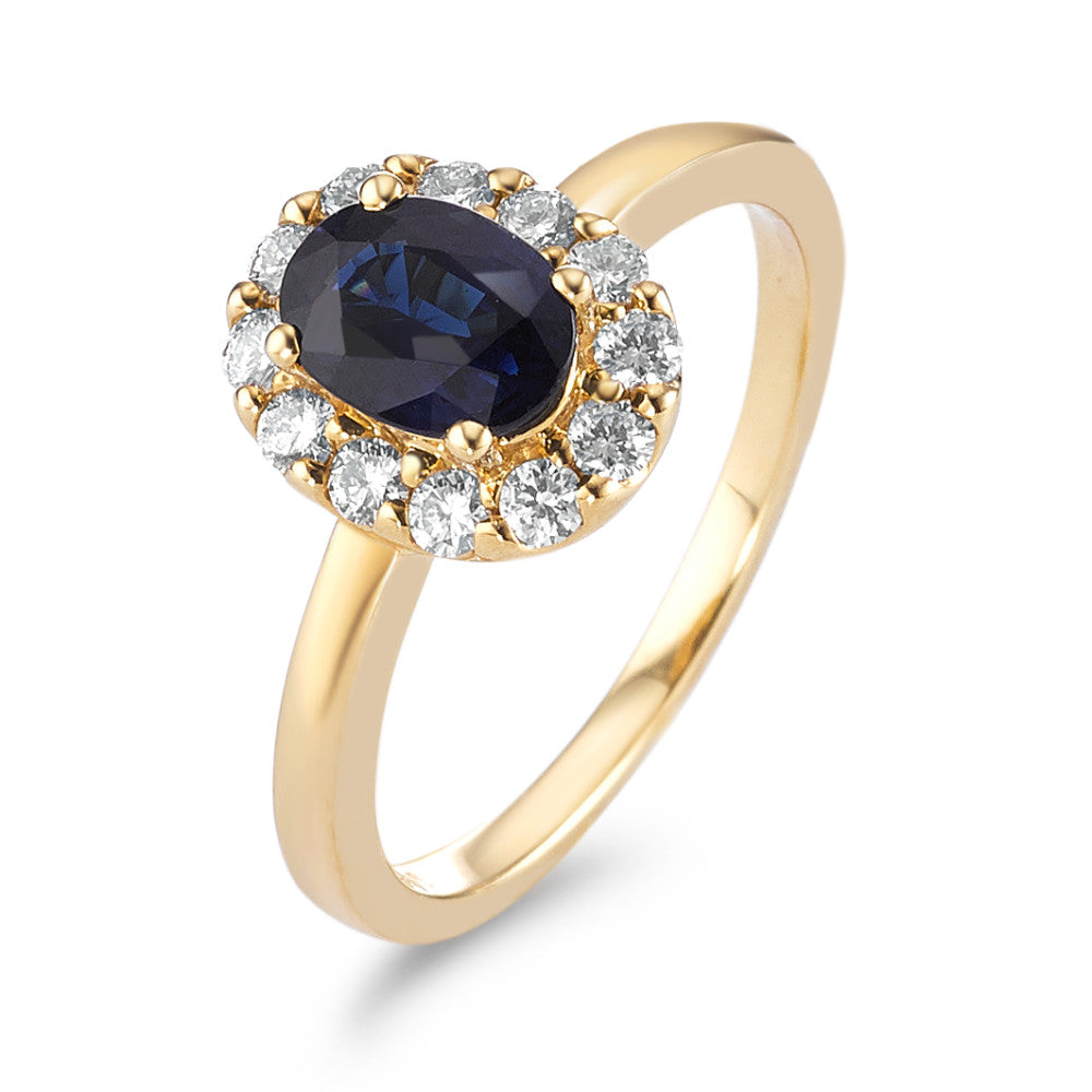 Fingerring 750/18 K Gelbgold Saphir 0.94 ct, Diamant 0.40 ct, 12 Steine, Brillantschliff, w-si