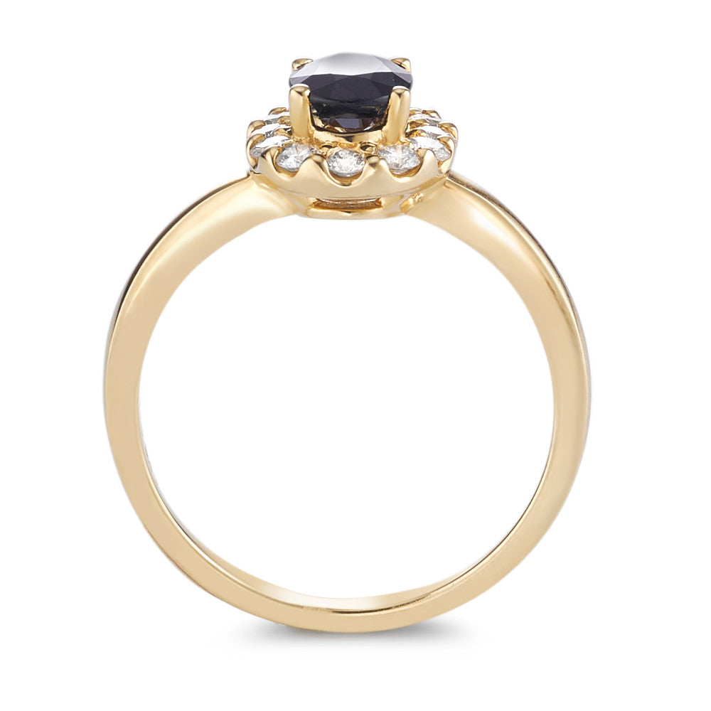 Fingerring 750/18 K Gelbgold Saphir 0.94 ct, Diamant 0.40 ct, 12 Steine, Brillantschliff, w-si