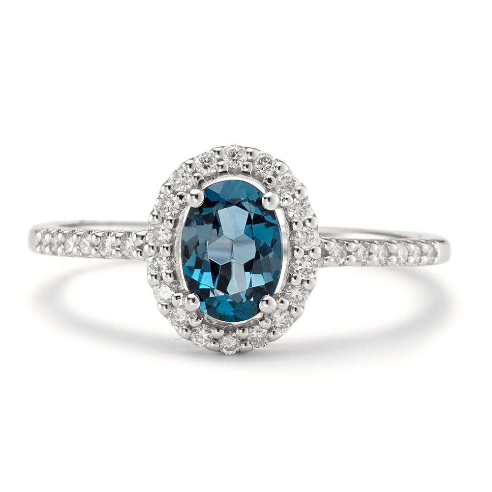 Ring 18k White Gold London Blue Topaz oval, Diamond White, 0.19 ct, w-si