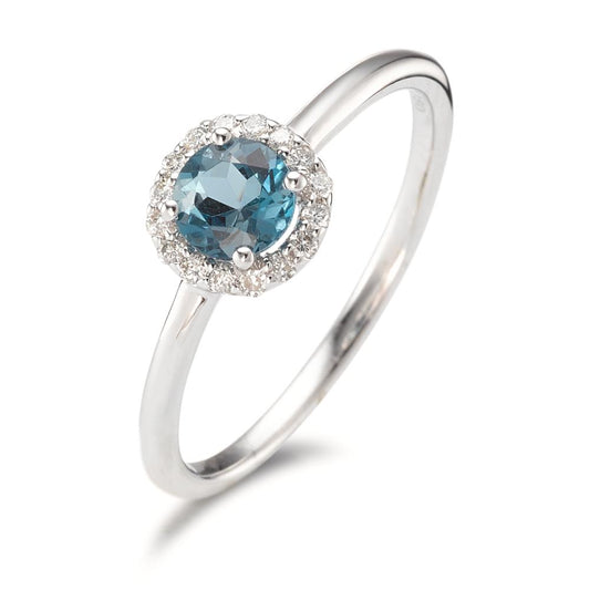 Fingerring 750/18 K Weissgold London Blue Topas, Diamant 0.11 ct, 16 Steine, Brillantschliff, w-si