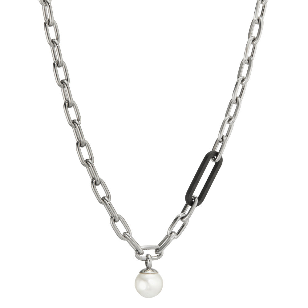 Halskette Soho Pearl Drop Silver aus Edelstahl mit Carbon und Muschelperle verstellbar