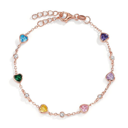 Bracelet Silver Zirconia Colorful, 11 Stones Rose Gold plated Heart 16-19 cm