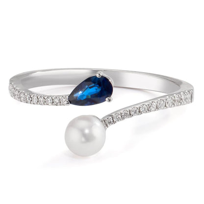 Finger ring 750/18 K vitguld diamant 0.105 ct, w-si, safir [Akoya Perlen] 3.5-4 mm