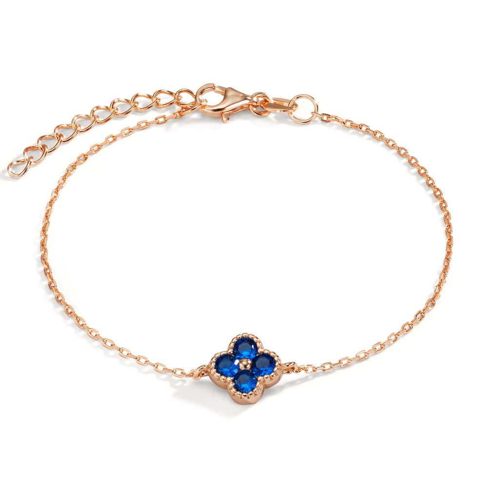 Bracelet Silver Zirconia Sapphire blue, 4 Stones Rose Gold plated Flower 16-19 cm