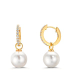 Hinged hoop Silver Zirconia 18 Stones Yellow Gold plated Shining pearls, 2 Pearls, 10 mm