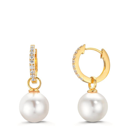 Klappcreolen Silber Zirkonia 18 Steine gelb vergoldet shining Pearls, 2 Perlen, 10 mm