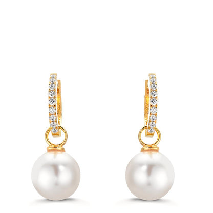 Klappcreolen Silber Zirkonia 18 Steine gelb vergoldet shining Pearls, 2 Perlen, 10 mm