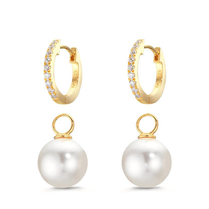 Klappcreolen Silber Zirkonia 18 Steine gelb vergoldet shining Pearls, 2 Perlen, 10 mm