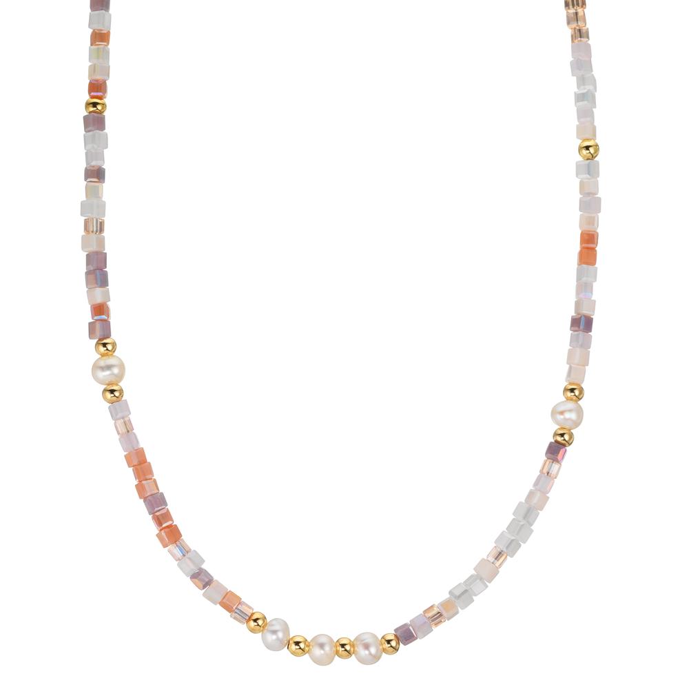 Necklace Stainless steel Crystal Rose Yellow IP coated Freshwater pearl, 5 Pearls 4-4.5 mm 43 cm