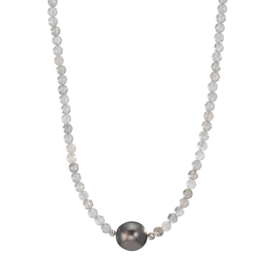 Necklace Stainless steel Labradorite Gray, 3 mm Tahitian pearl, 9.5 mm 43-47 cm