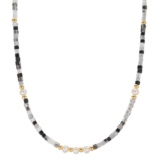 Necklace Stainless steel Crystal Yellow IP coated Freshwater pearl, 5 Pearls, 4.5 mm 43 cm