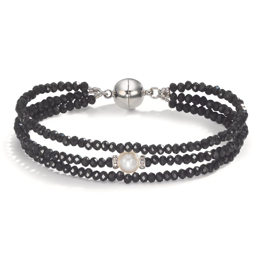 Bracciale Acciaio inossidabile Cristallo nero Perla coltivata d'acqua dolce 7-7.5 mm 19 cm