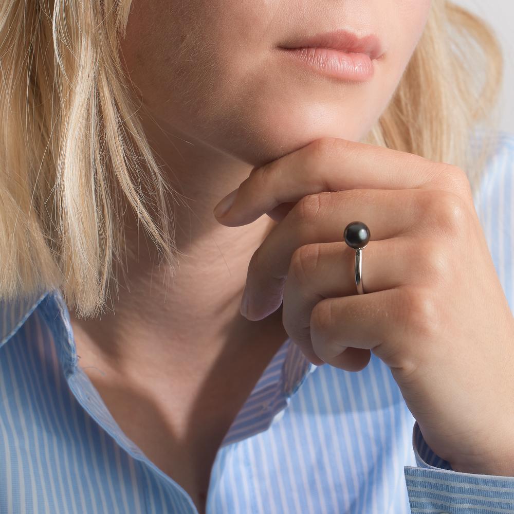 Anillo de dedo Plata Rodio plateado Perla de Tahití 8-9 mm