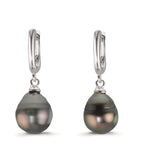 Hopfällbara örhängen Silver rodiumpläterad Tahitisk pärla, 2 Pärlor 9-10 mm