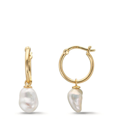 Créoles Or jaune 9K perle d'eau douce, 2 Perles, 6 mm