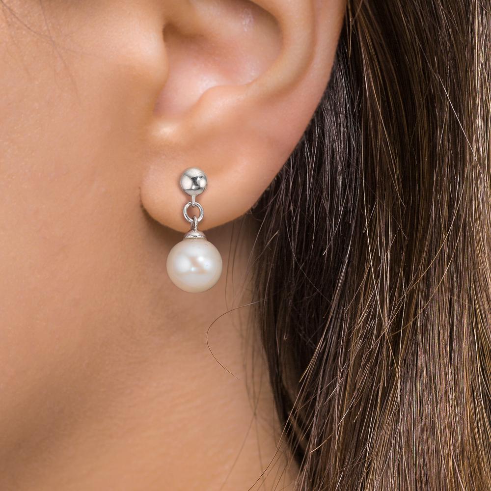 Pendant d'oreilles Argent Rhodié perle d'eau douce, 2 Perles, 6.5 mm