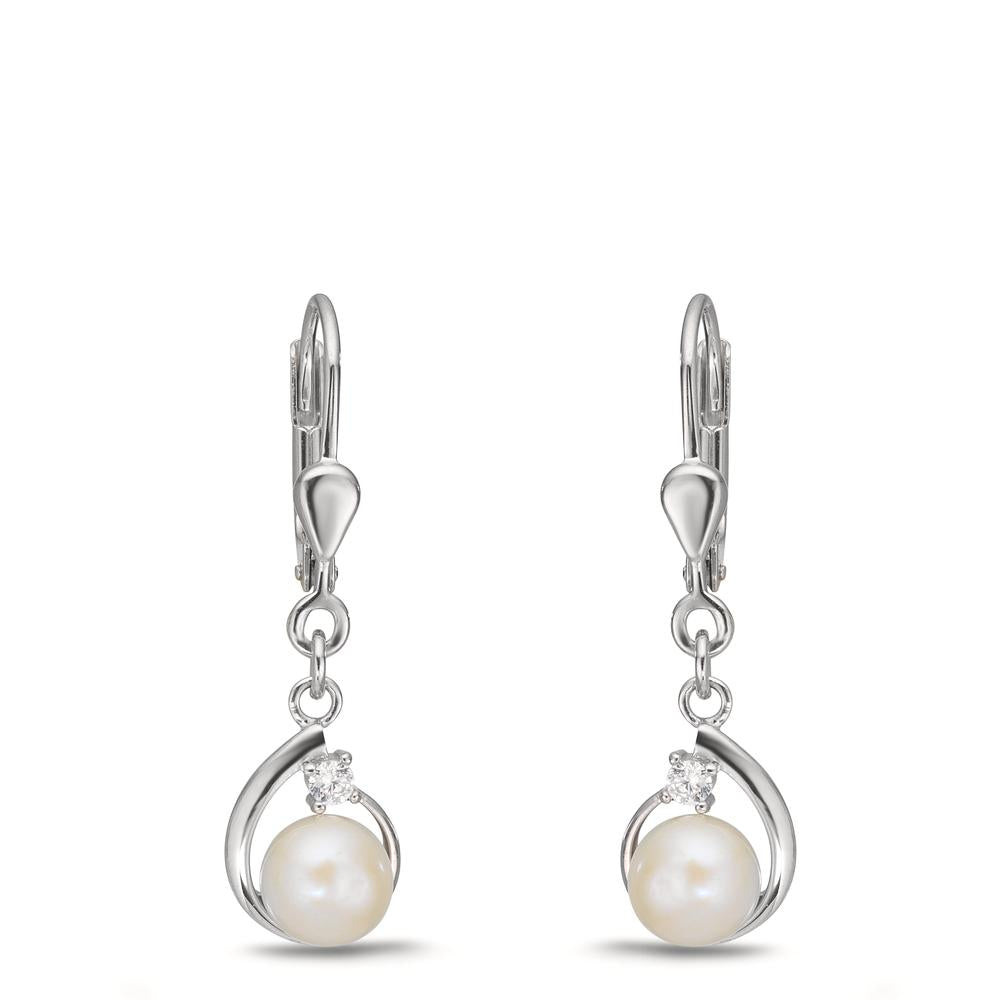 Pendant d'oreilles Argent Zircone 2 Pierres Rhodié perle d'eau douce, 2 Perles, 5.5 mm
