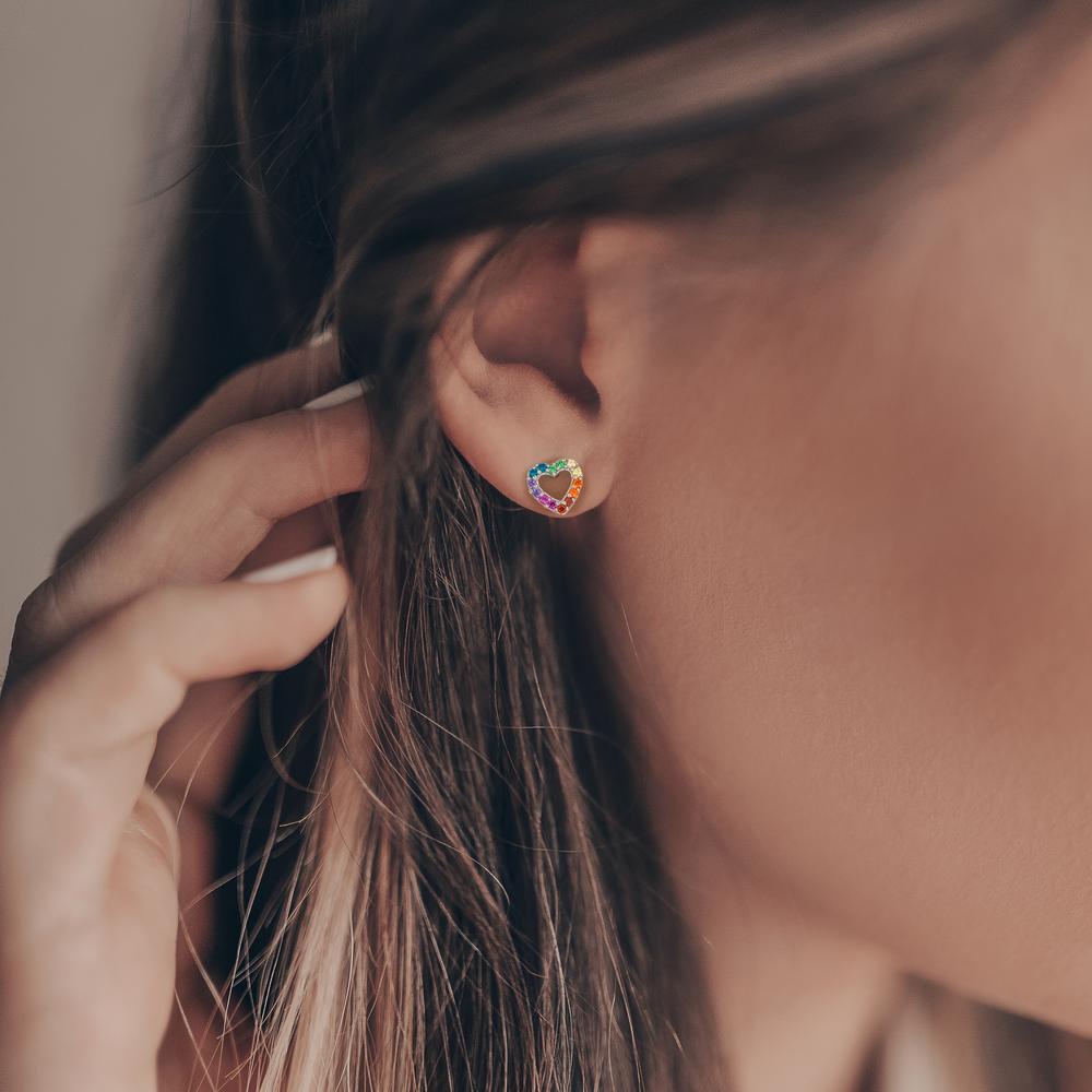 Ohrstecker Silber Zirkonia regenbogenfarbig rhodiniert Herz Ø6 mm