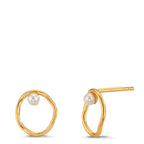 Clous d'oreilles Argent jaune Plaqué or perle d'eau douce blanc, 2 Perles, 3 mm Ø11 mm