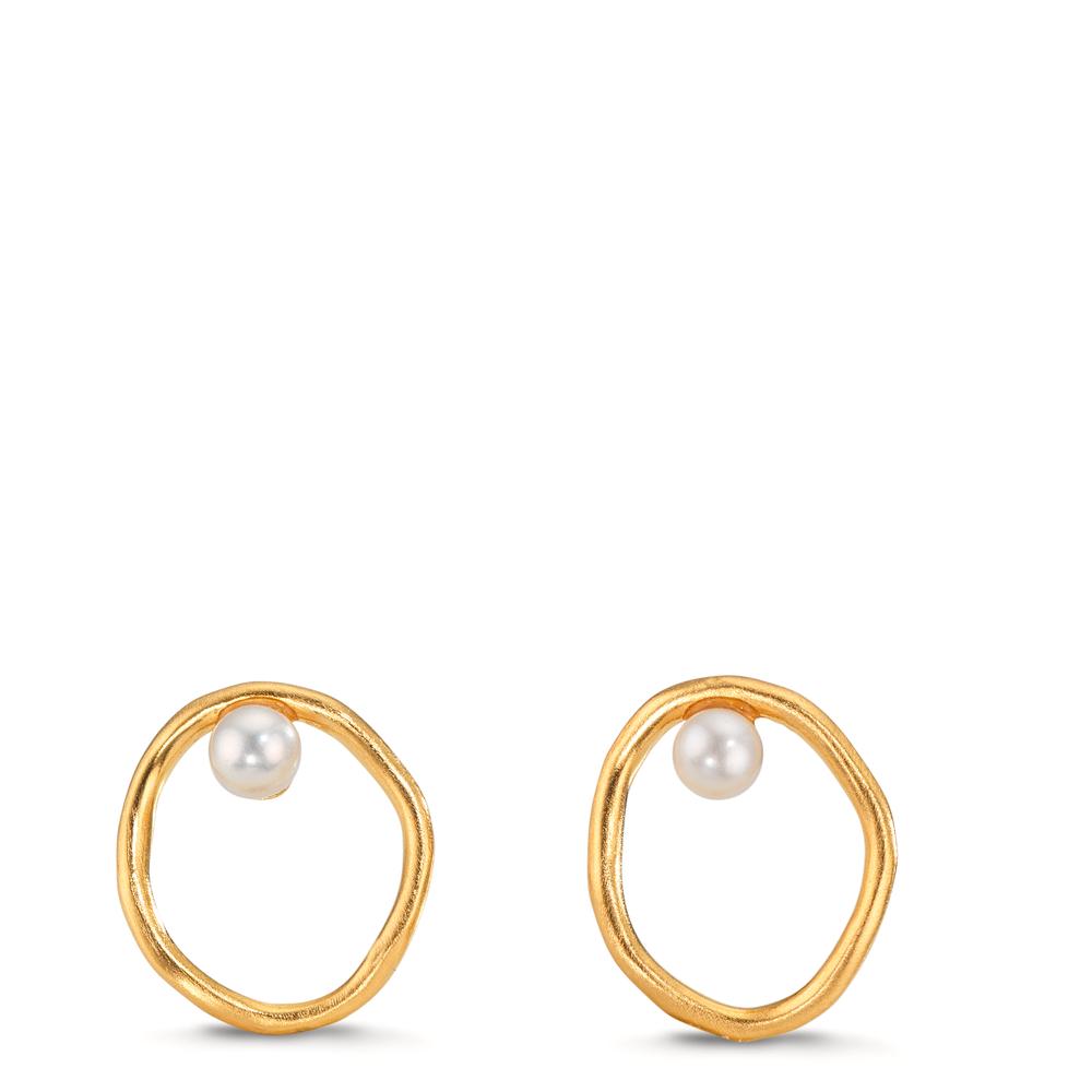 Clous d'oreilles Argent jaune Plaqué or perle d'eau douce blanc, 2 Perles, 3 mm Ø11 mm