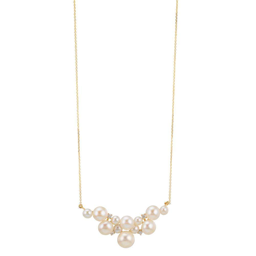 Collier Or jaune 18K Diamant 0.08 ct, 4 Pierres, w-si perle d'eau douce, 12 Perles 3.5-6.5 mm 42-45 cm