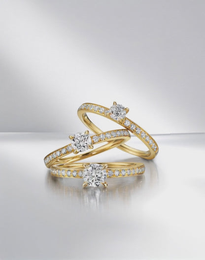 Solitär Ring 750/18 K Gelbgold Diamant weiss, 0.20 ct, 18 Steine, Brillantschliff, w-si, Diamant weiss, 0.30 ct, Brillantschliff, w-si